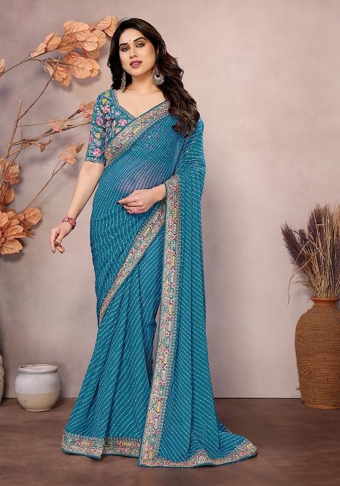 Sea Green Printed Georgette Saree Set