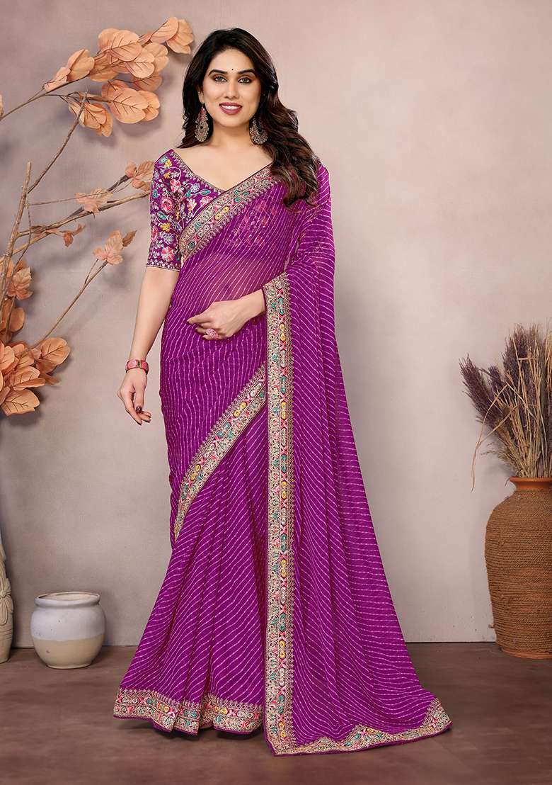 Purple Printed Georgette Saree Set - Indya