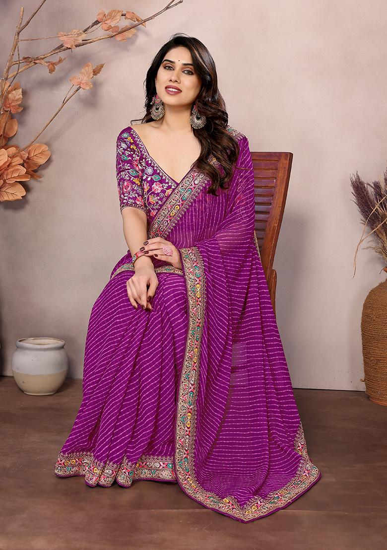 Purple Printed Georgette Saree Set