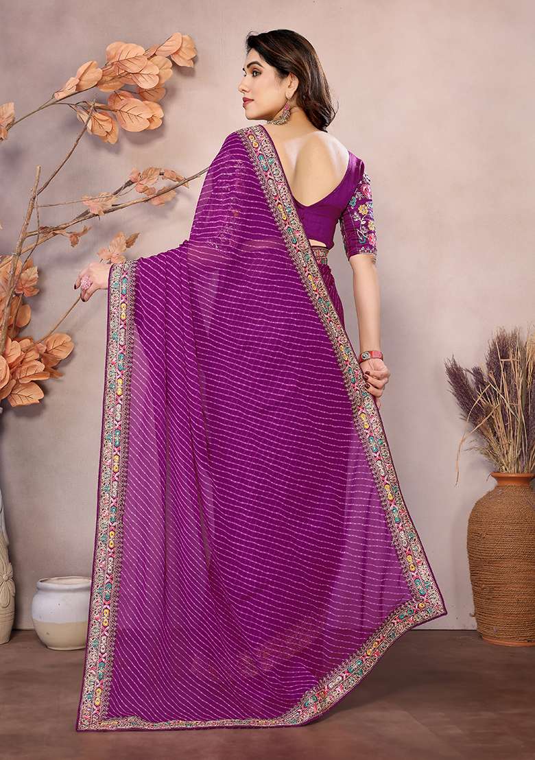 Purple Printed Georgette Saree Set - Indya