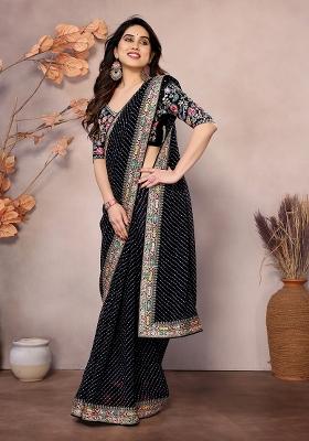Black Printed Georgette Saree Set