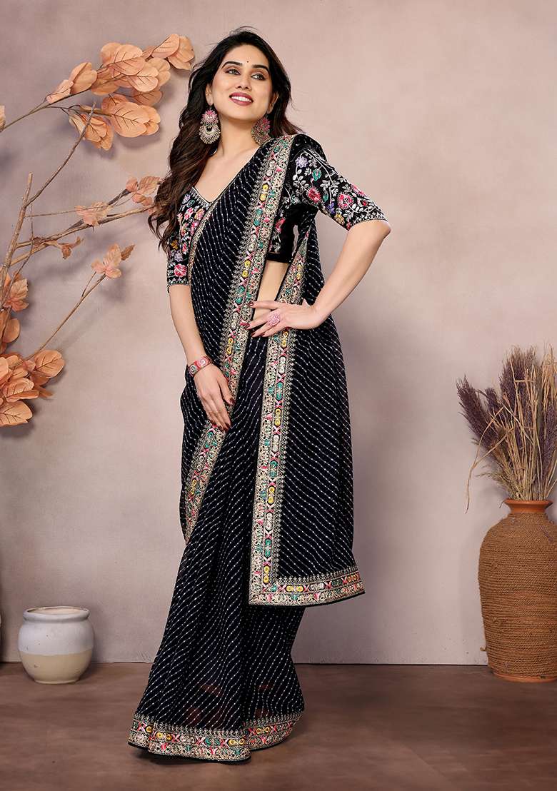 Black Printed Georgette Saree Set - Indya