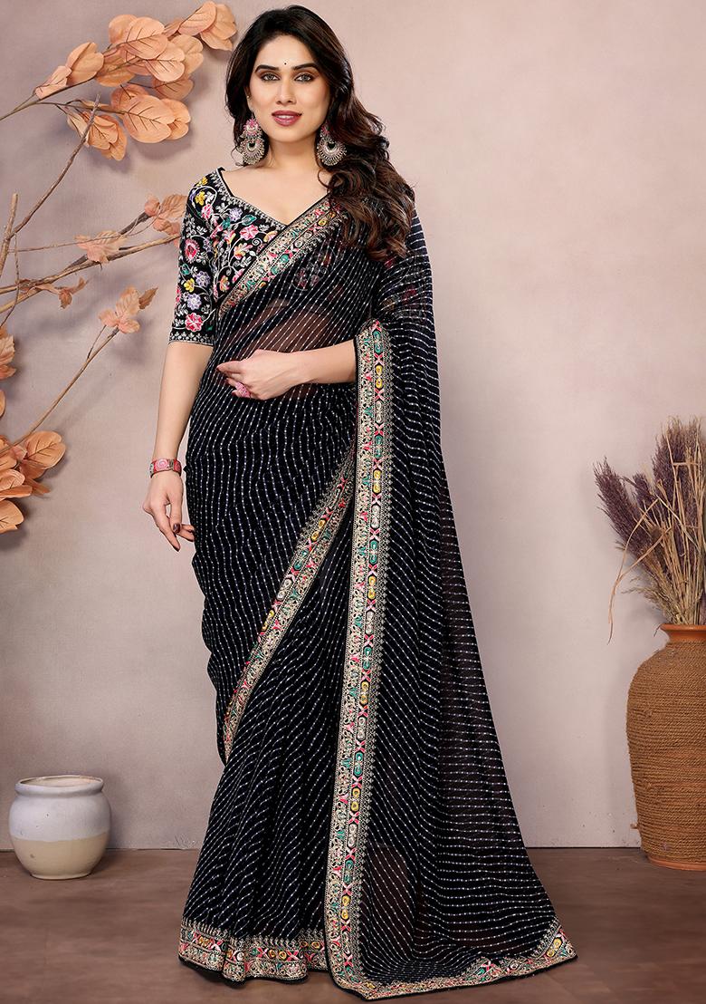 Black Printed Georgette Saree Set