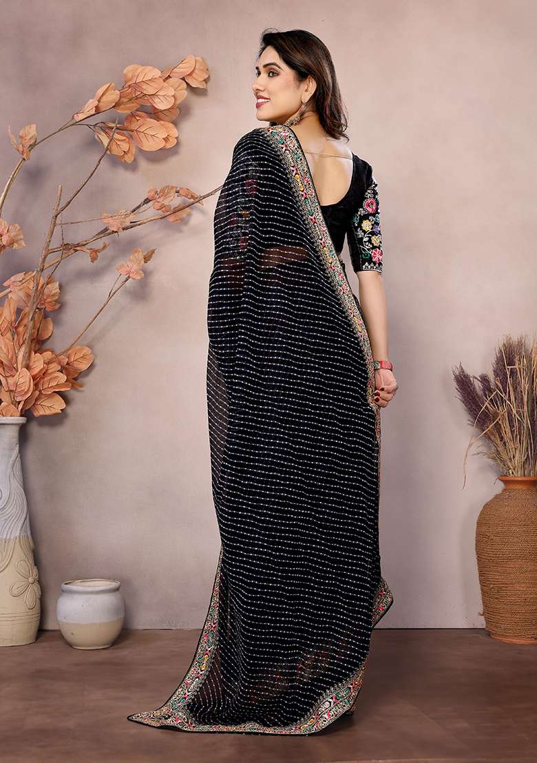 Black Printed Georgette Saree Set - Indya