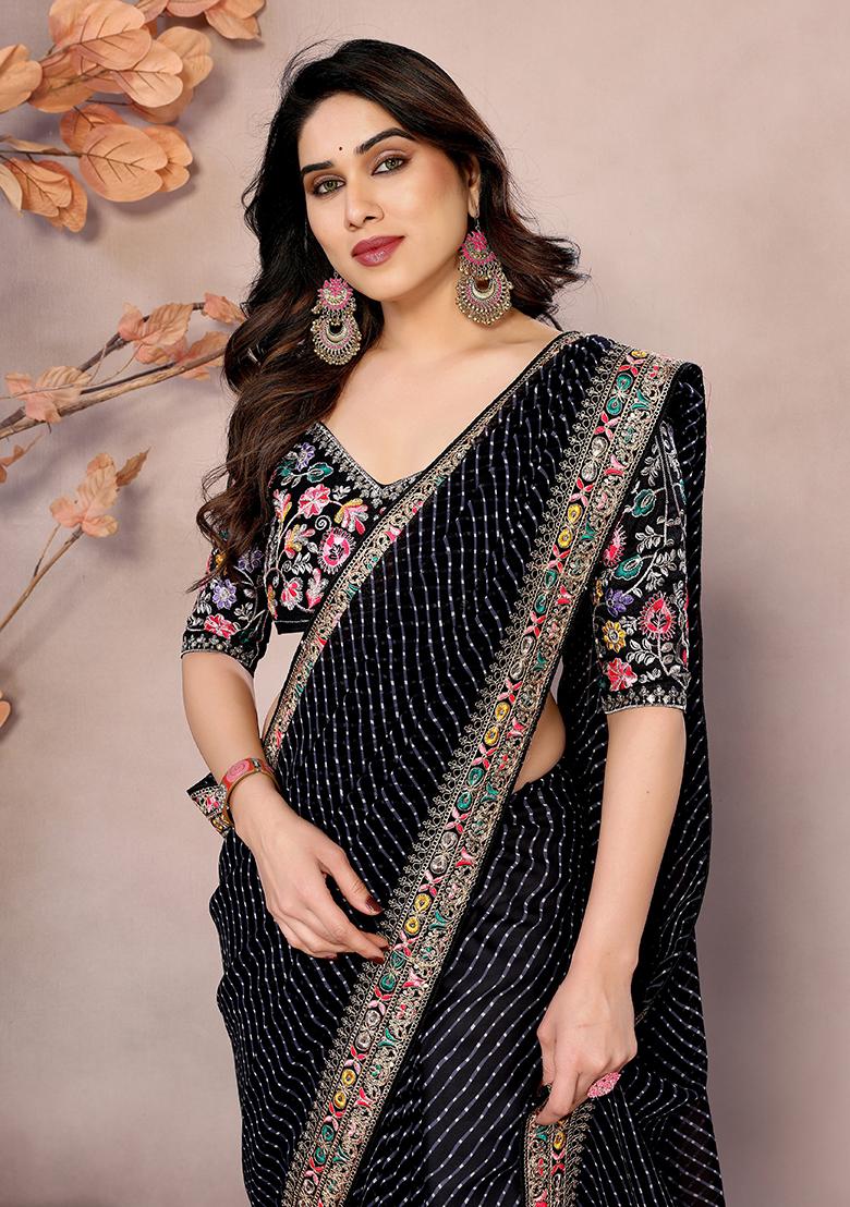 Black Printed Georgette Saree Set