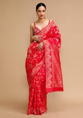 Red Wevon Lichi Silk Saree Set