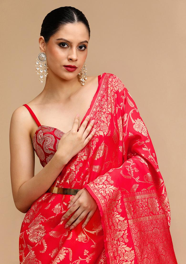 Red Wevon Lichi Silk Saree Set