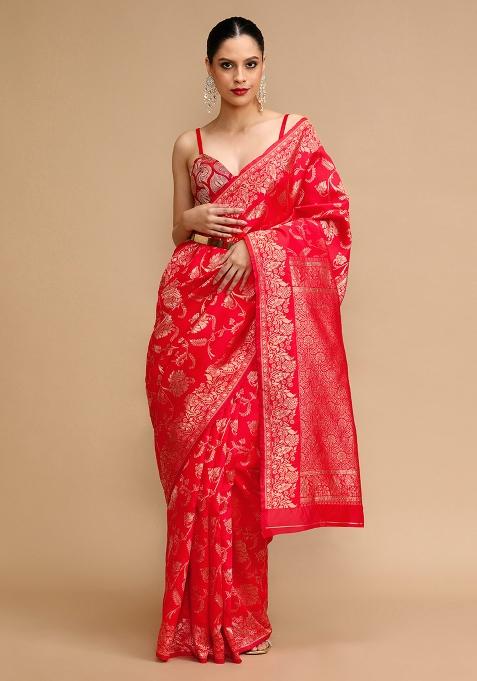 Red Wevon Lichi Silk Saree Set