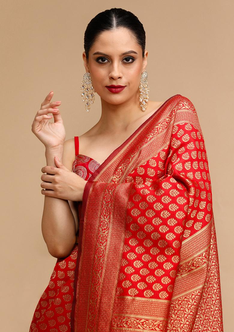 Red Wevon Lichi Silk Saree Set