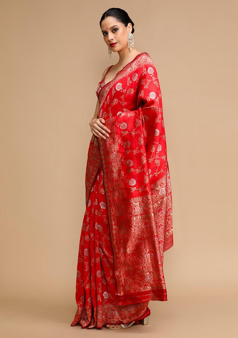 Red Wevon Lichi Silk Saree Set