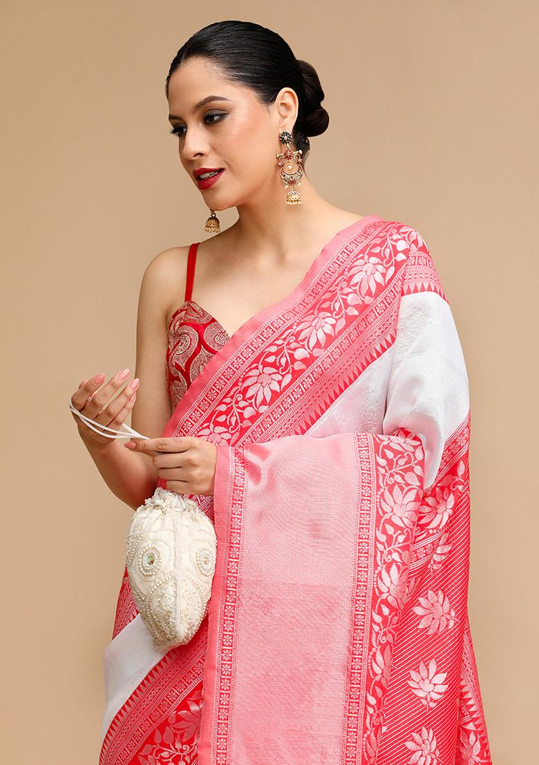 Off White Wevon Lichi Silk Saree Set