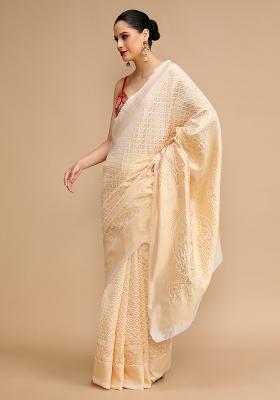 Cream Wevon Lichi Silk Saree Set