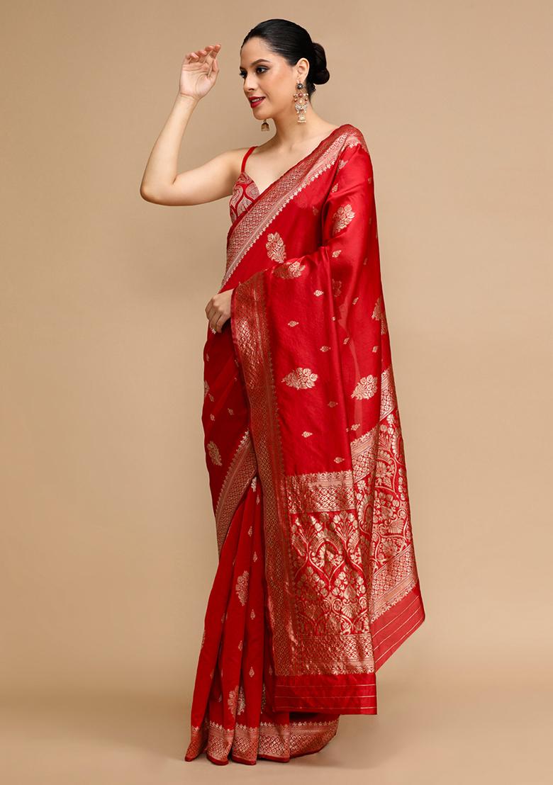 Red Wevon Lichi Silk Saree Set