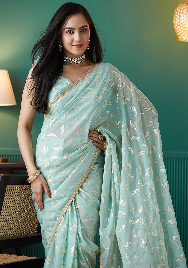 Sky Blue Printed Organza Pre Stitched Saree