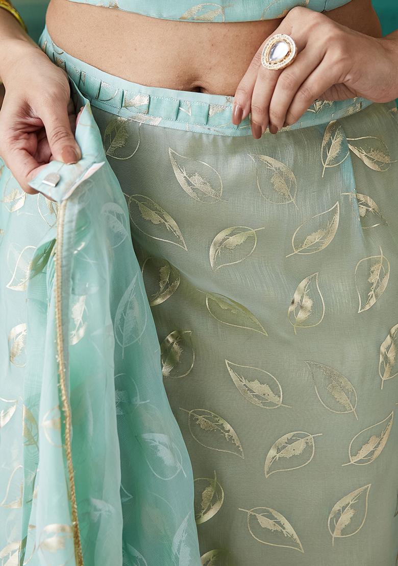 Sky Blue Printed Organza Pre Stitched Saree