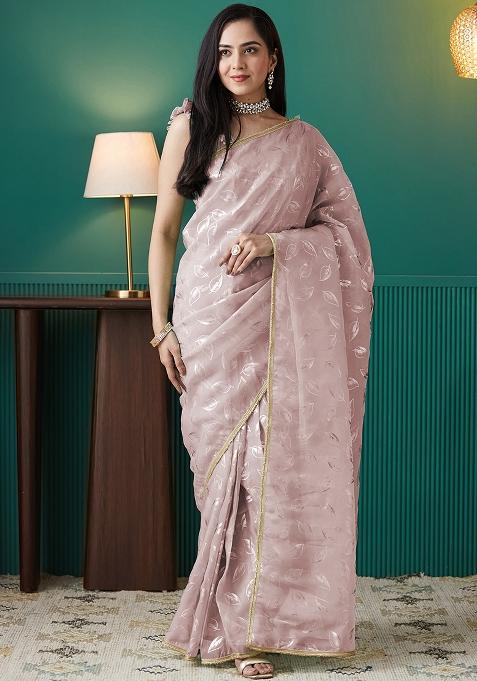 Peach Printed Organza Pre Stitched Saree