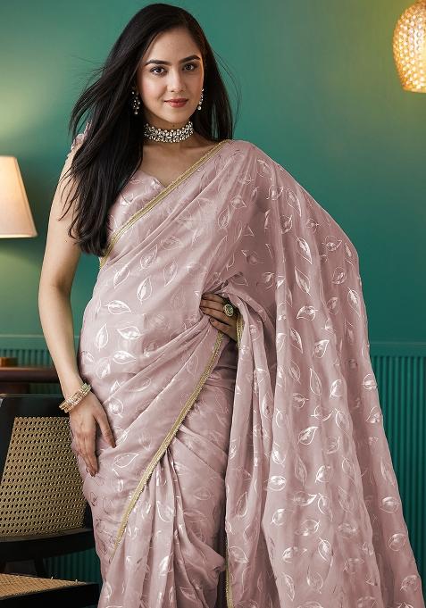 Peach Printed Organza Pre Stitched Saree