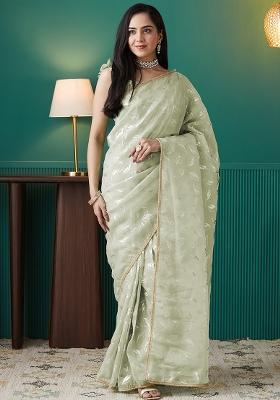 Pista Green Printed Organza Pre Stitched Saree