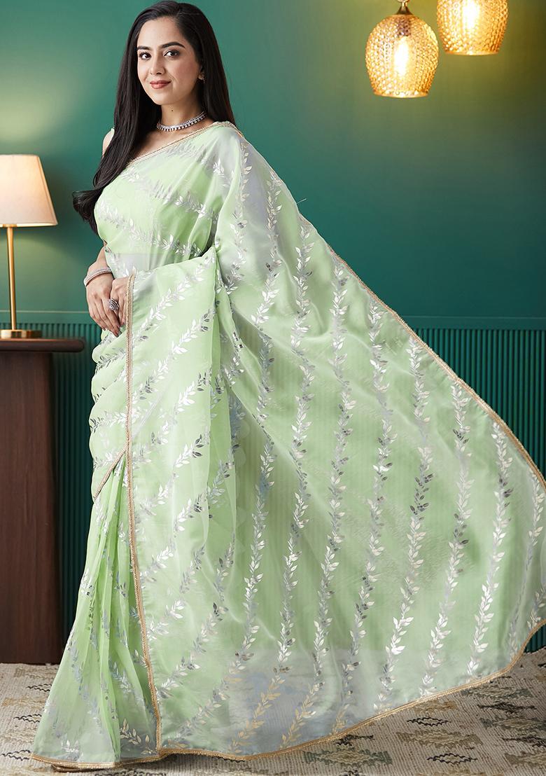 Pista Green Printed Organza Pre Stitched Saree