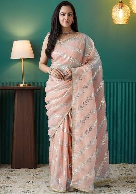 Peach Printed Organza Pre Stitched Saree