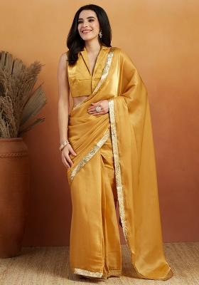 Mustard Yellow Embroidered Velvet Pre Stitched Saree