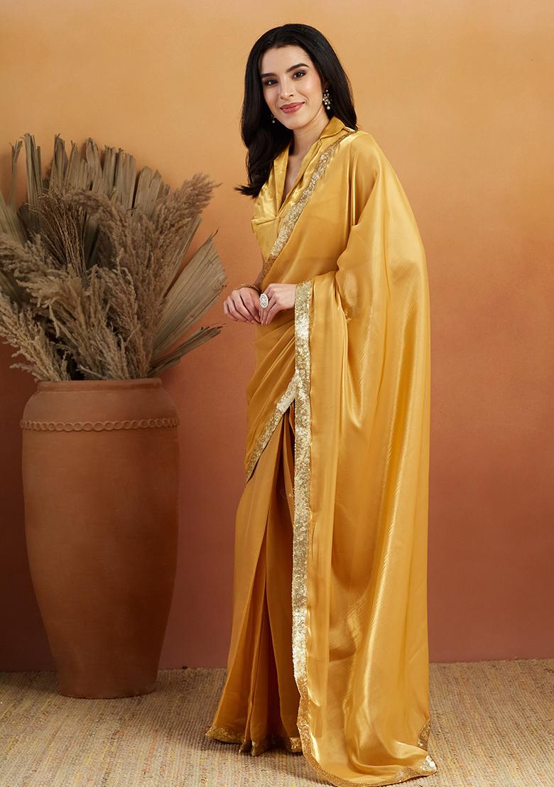 Mustard Yellow Embroidered Velvet Pre Stitched Saree