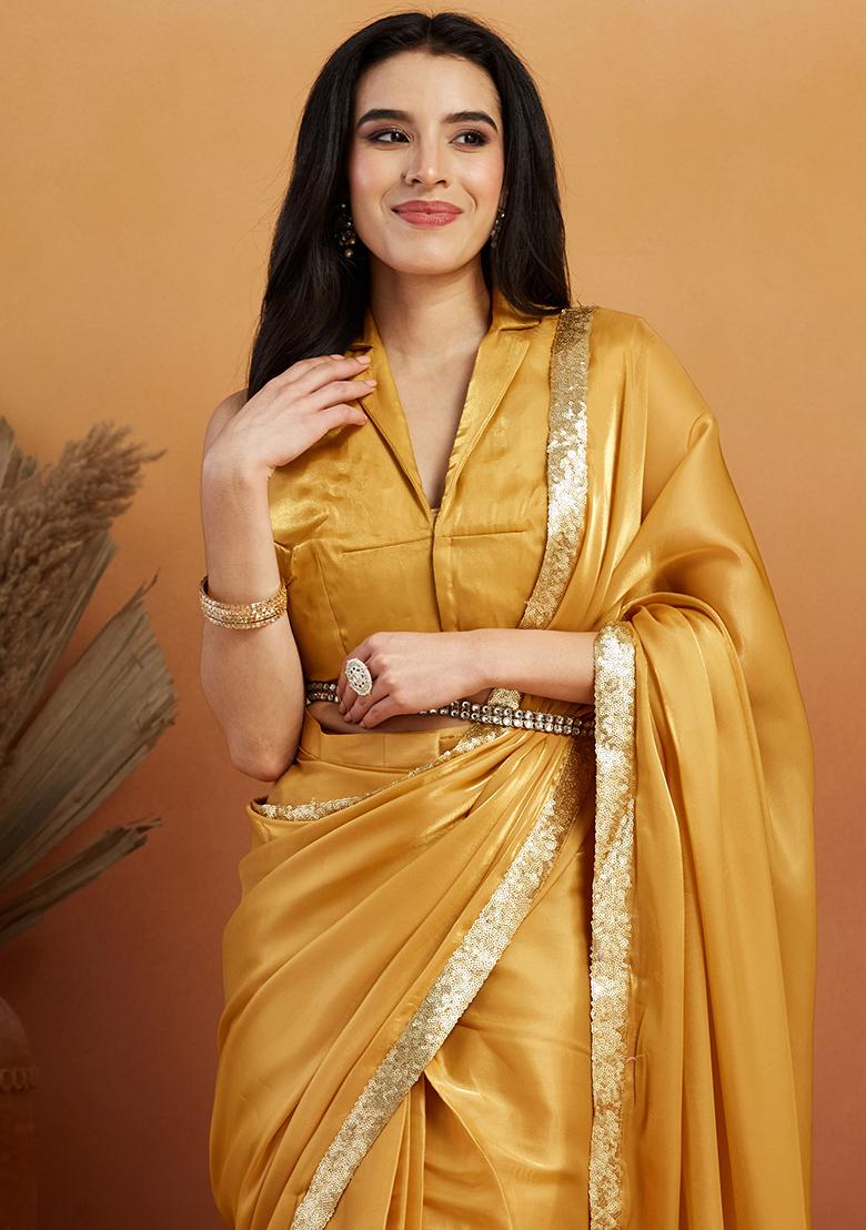 Mustard Yellow Embroidered Velvet Pre Stitched Saree