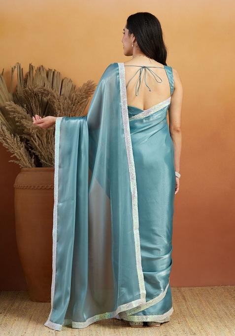 Sky Blue Embroidered Velvet Pre Stitched Saree