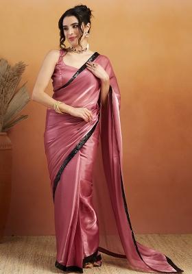 Pink Embroidered Velvet Pre Stitched Saree