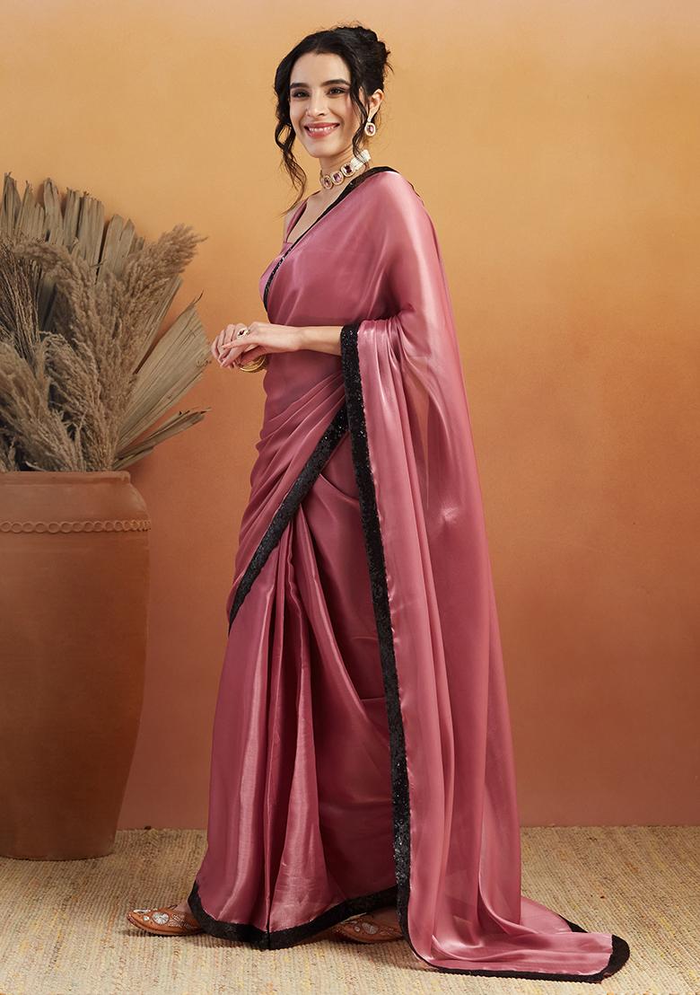 Pink Embroidered Velvet Pre Stitched Saree