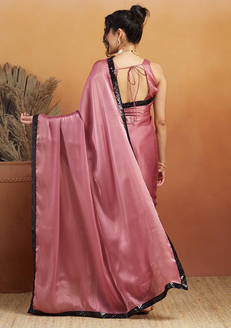 Pink Embroidered Velvet Pre Stitched Saree