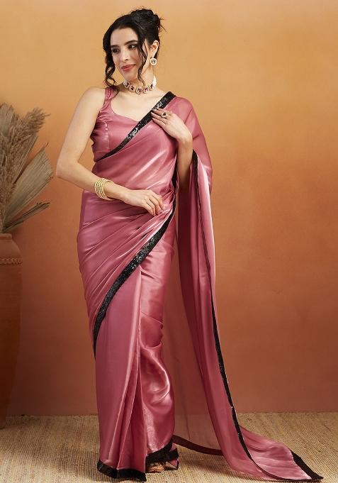Pink Embroidered Velvet Pre Stitched Saree