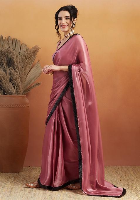 Pink Embroidered Velvet Pre Stitched Saree