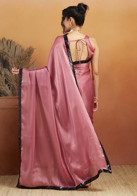 Pink Embroidered Velvet Pre Stitched Saree