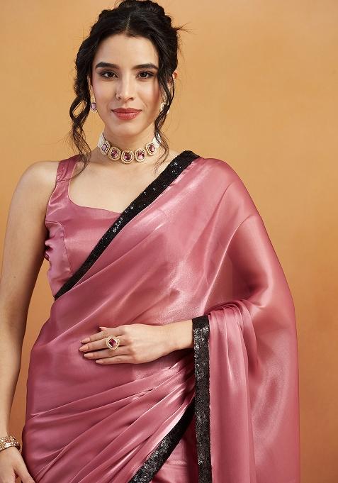 Pink Embroidered Velvet Pre Stitched Saree
