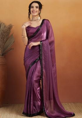 Purple Embroidered Velvet Pre Stitched Saree