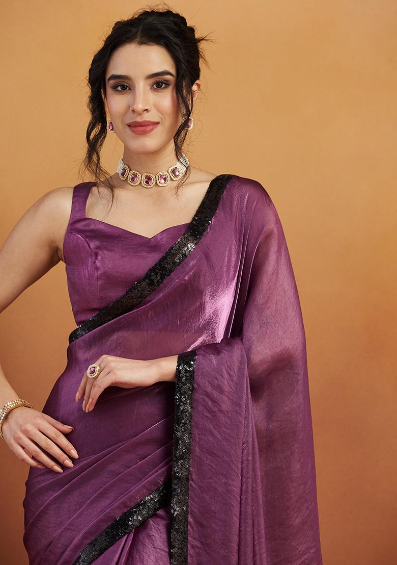 Purple Embroidered Velvet Pre Stitched Saree