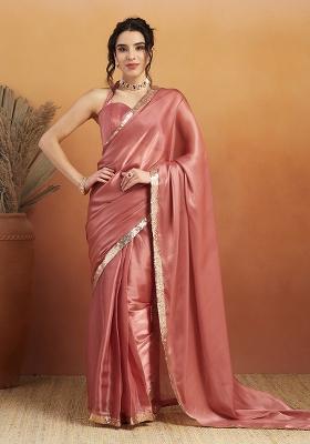 Dusty Pink Embroidered Velvet Pre Stitched Saree