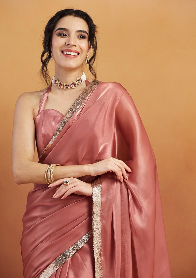Dusty Pink Embroidered Velvet Pre Stitched Saree