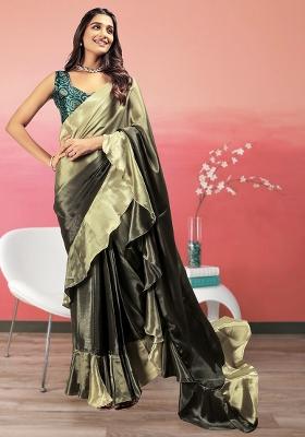 Green Printed Satin Pre Stitched Saree