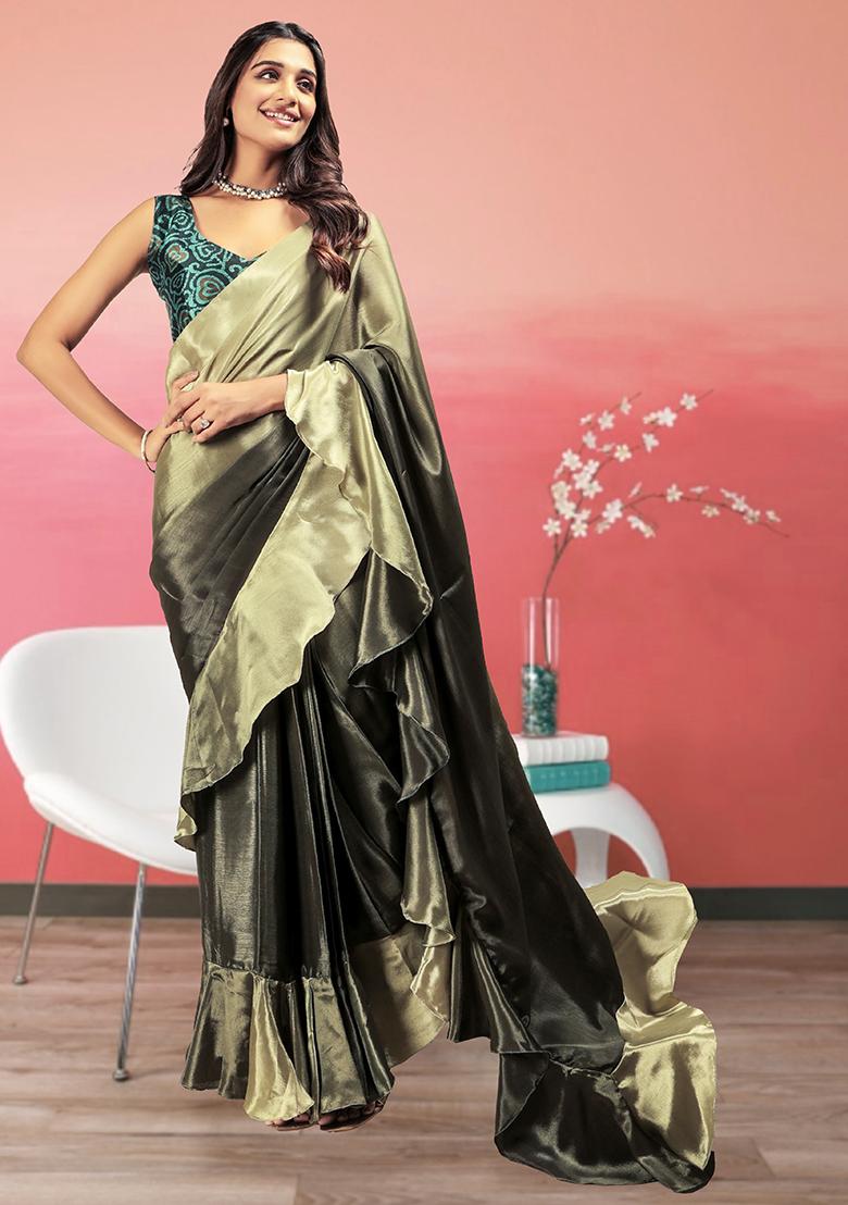 Green Printed Satin Pre Stitched Saree