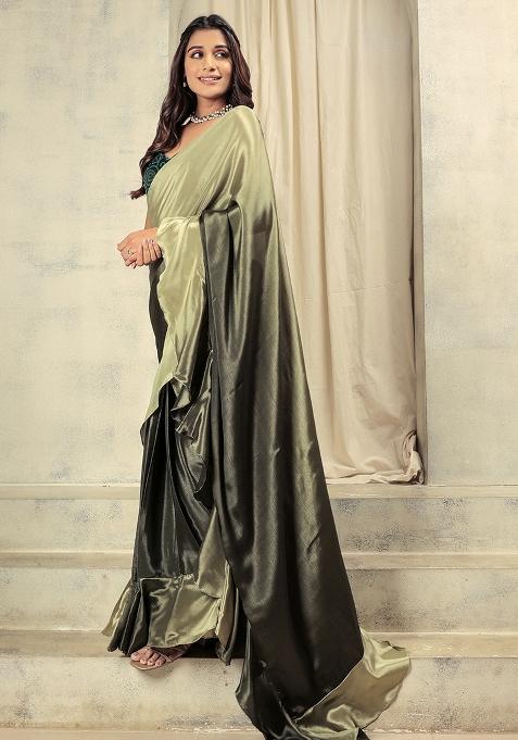 Green Printed Satin Pre Stitched Saree