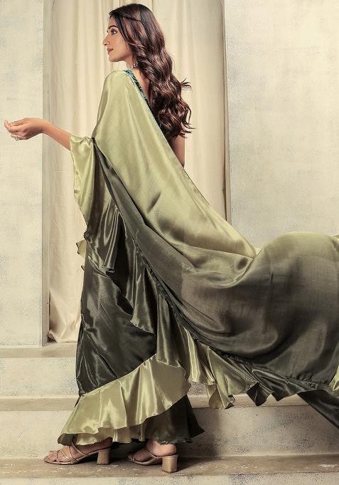 Green Printed Satin Pre Stitched Saree