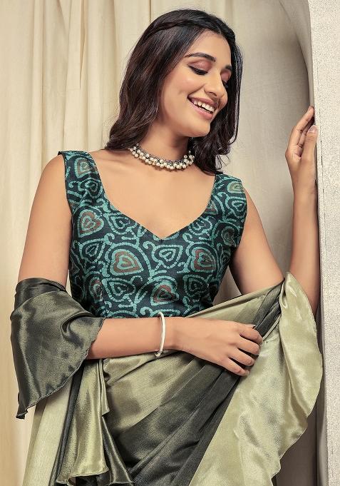 Green Printed Satin Pre Stitched Saree