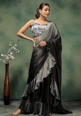 Grey Printed Satin Pre Stitched Saree