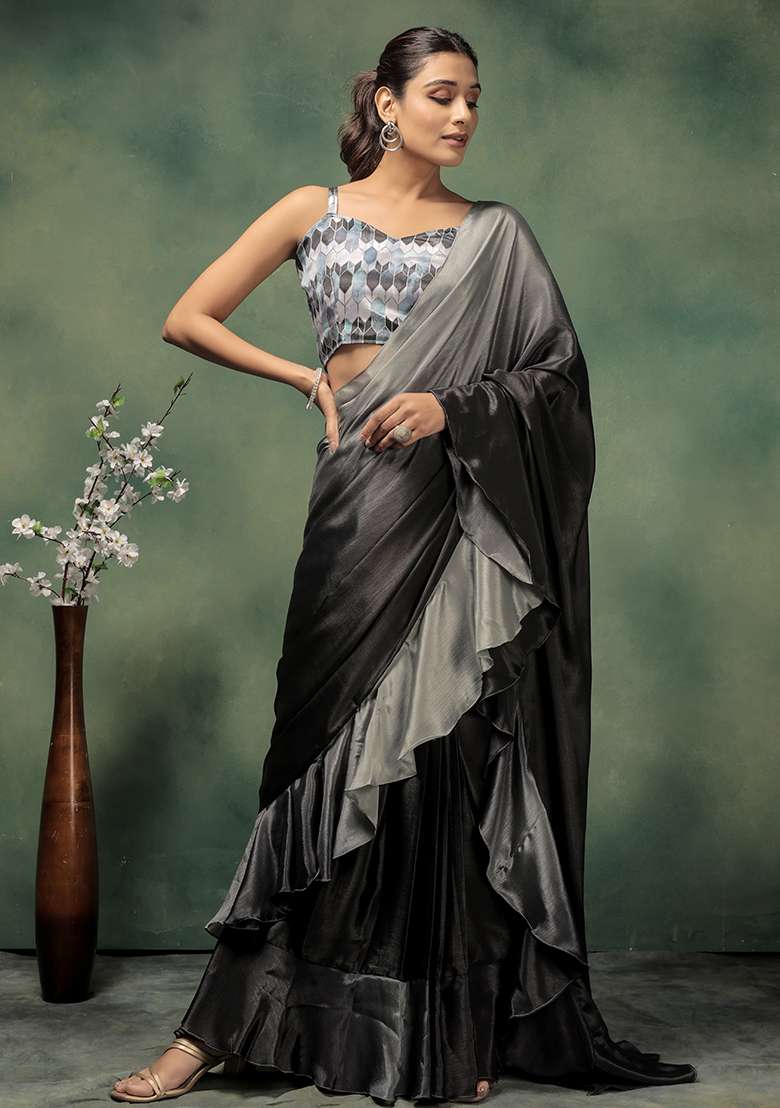 Grey Printed Satin Pre Stitched Saree - Indya