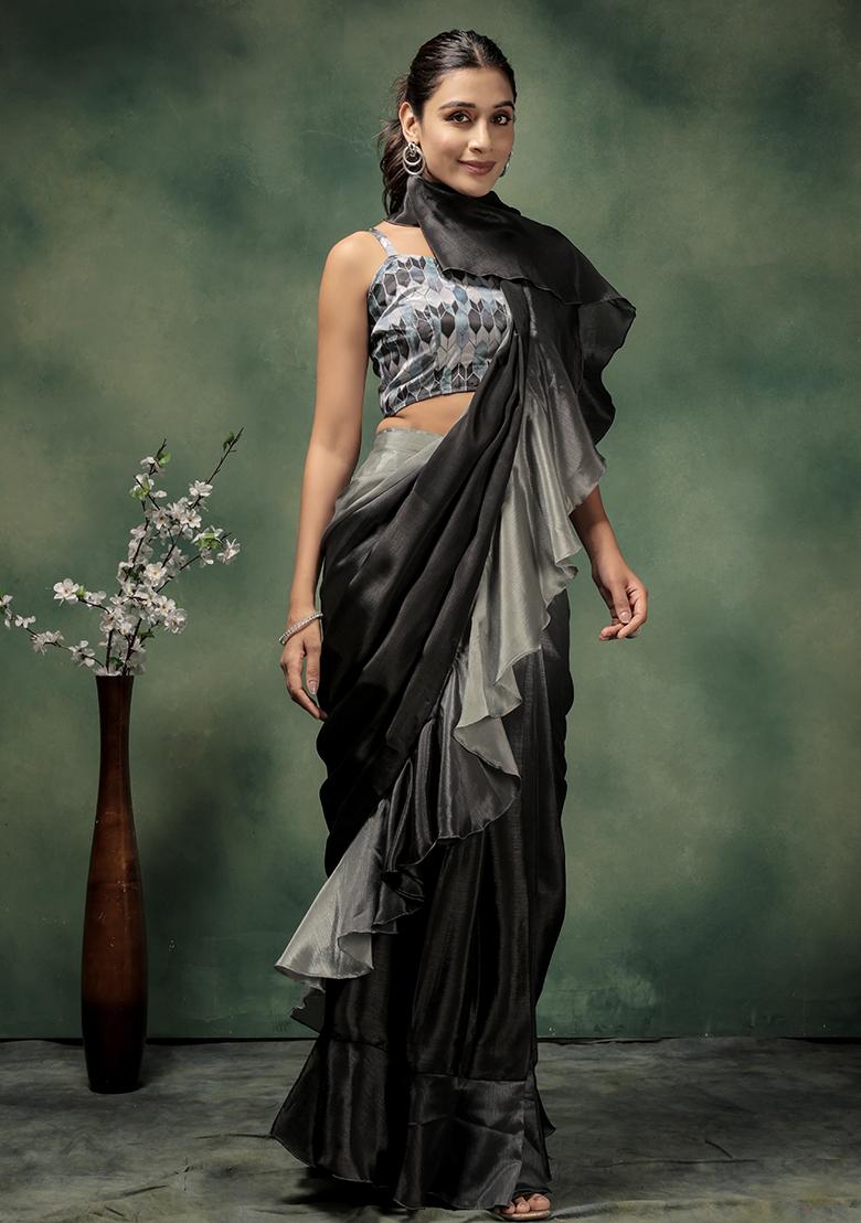 Grey Printed Satin Pre Stitched Saree