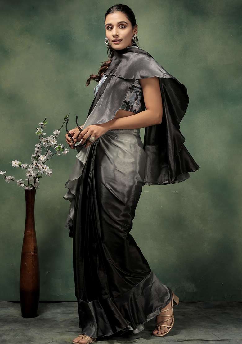 Grey Printed Satin Pre Stitched Saree - Indya