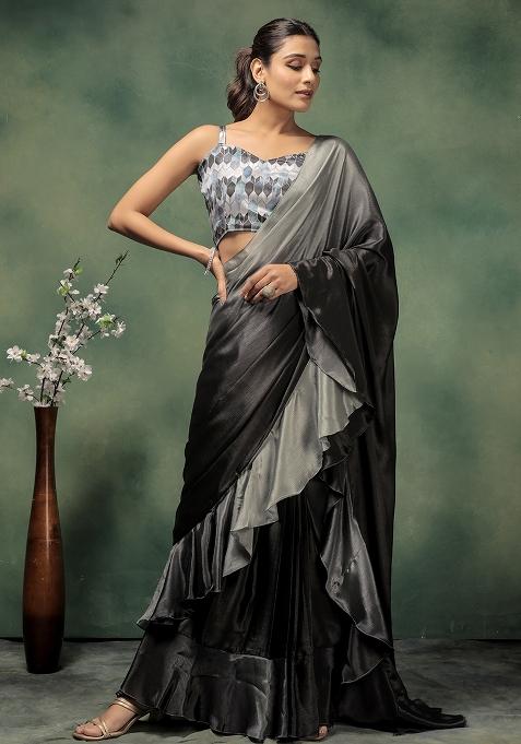Grey Printed Satin Pre Stitched Saree