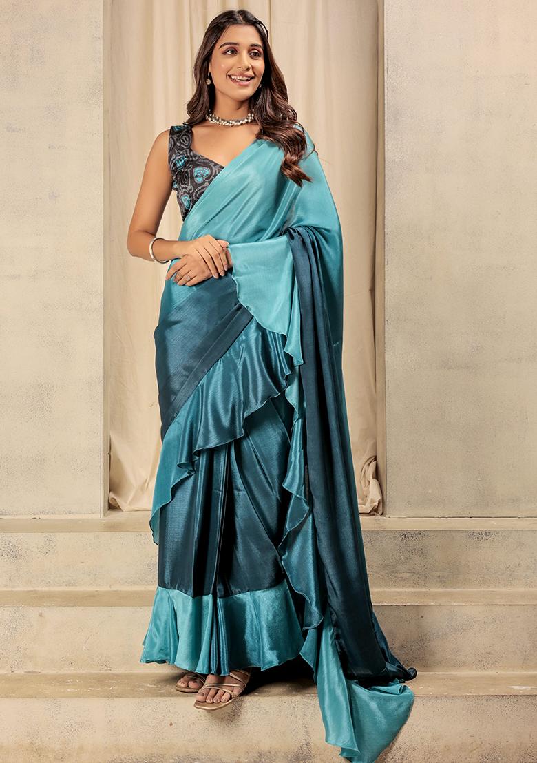 Blue Printed Satin Pre Stitched Saree